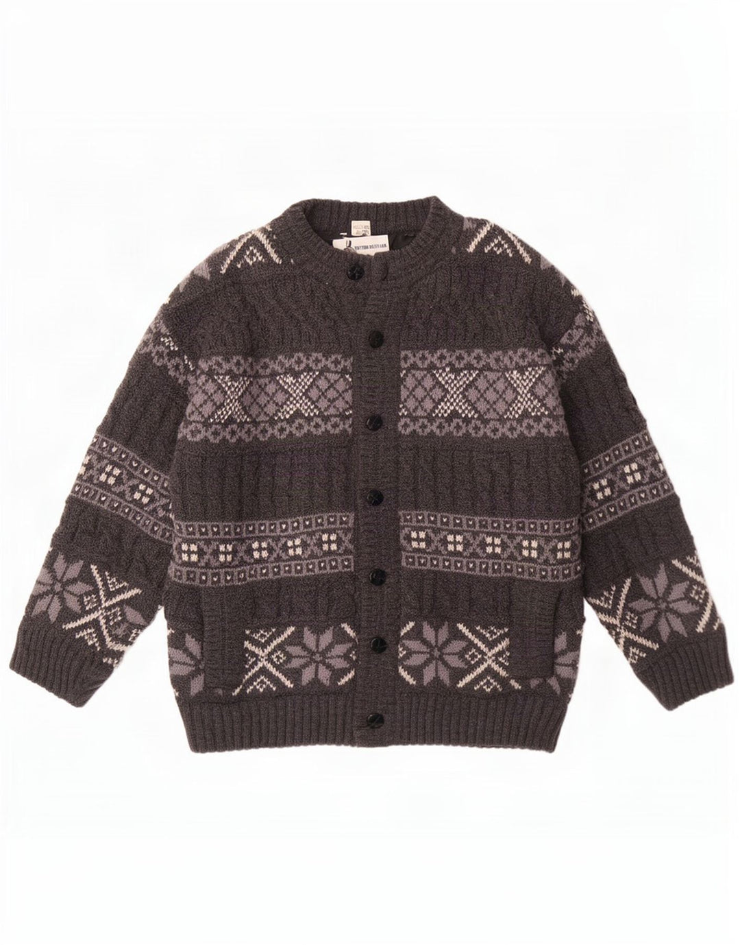 Vintage męski sweter rozpinany, duży, szary, wełniany Fair Isle