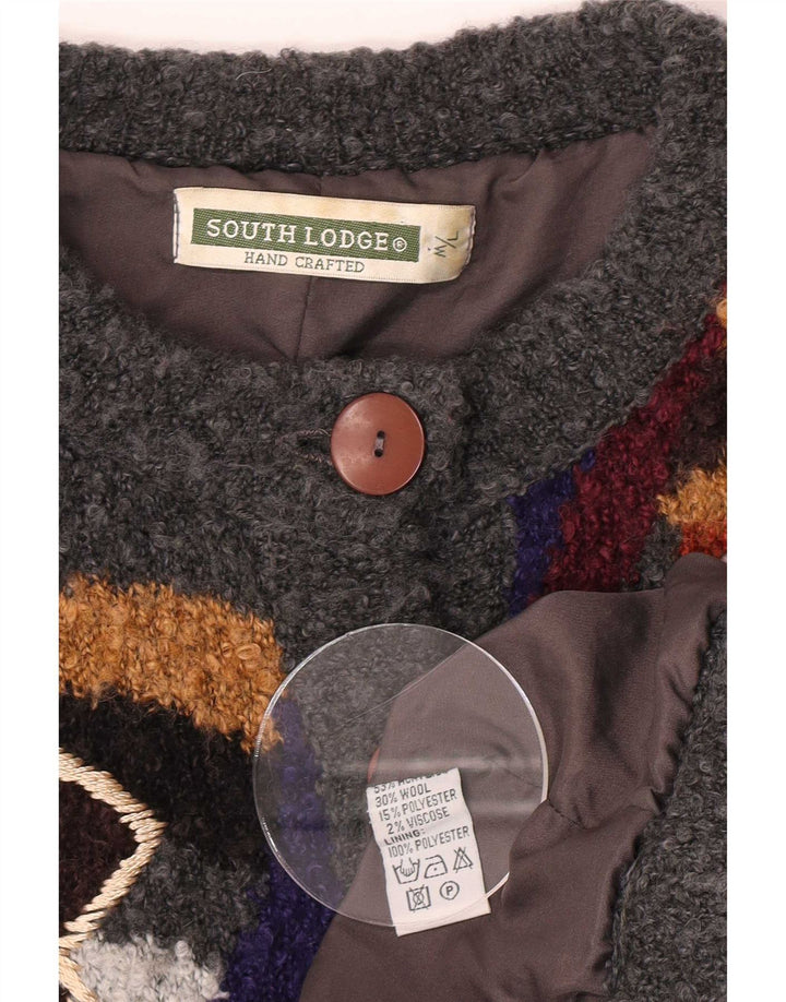 Vintage damski sweter rozpinany o przedłużonym fasonie UK 14, średni szary patchwork