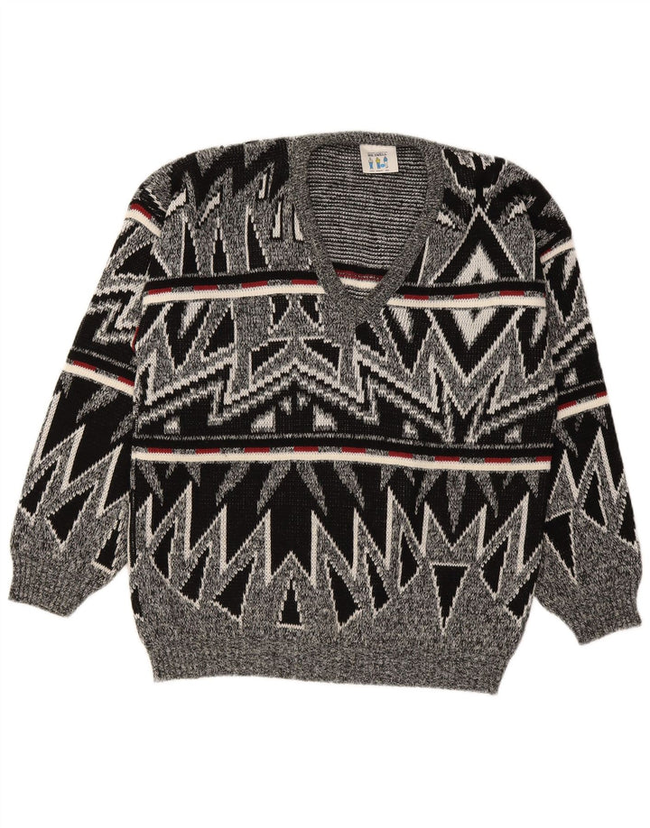 VINTAGE Mens V-Neck Jumper Sweater Large Grey Geometric Acrylic