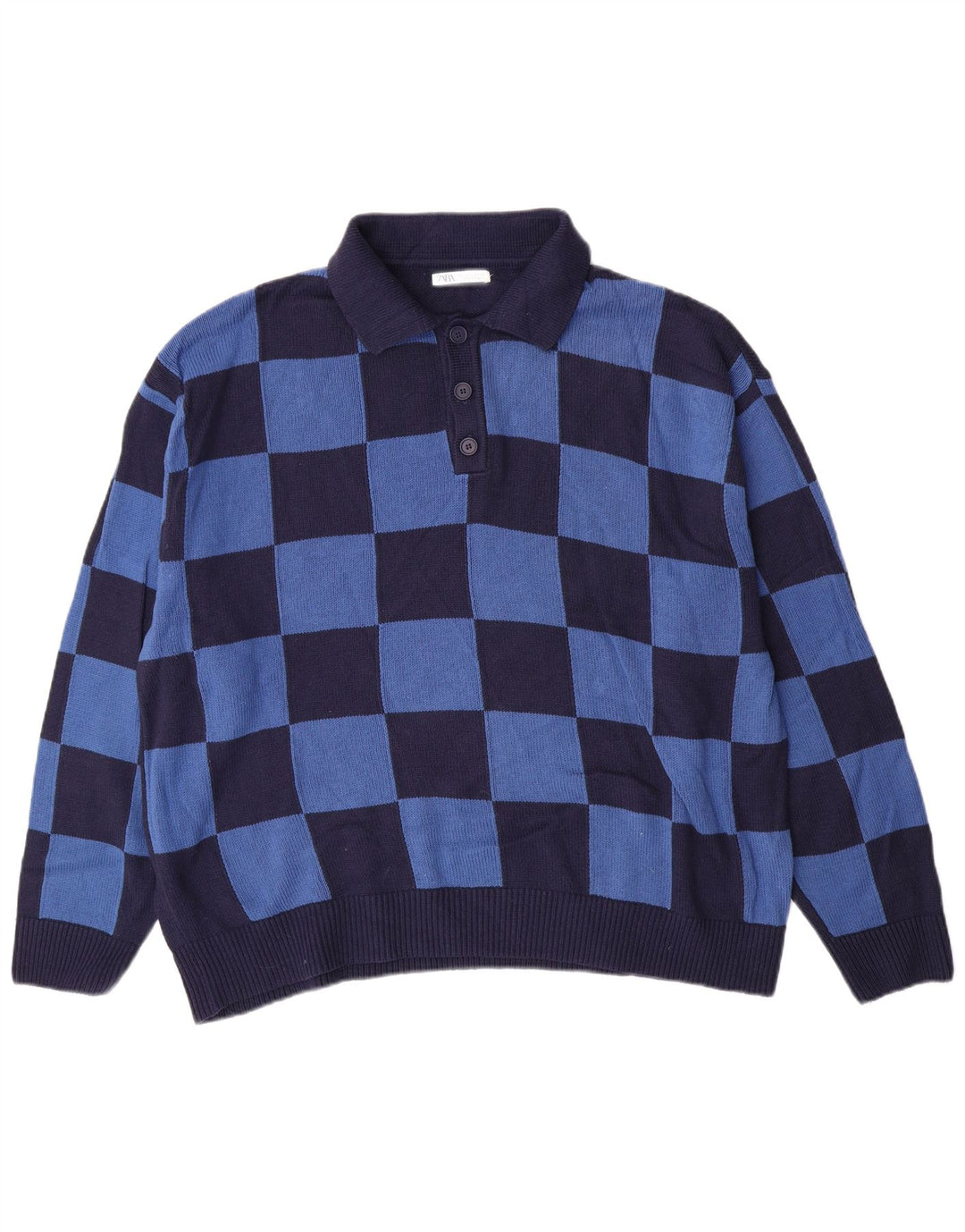 Męski sweter polo ZARA, bawełniany, w dużą niebieską kratkę