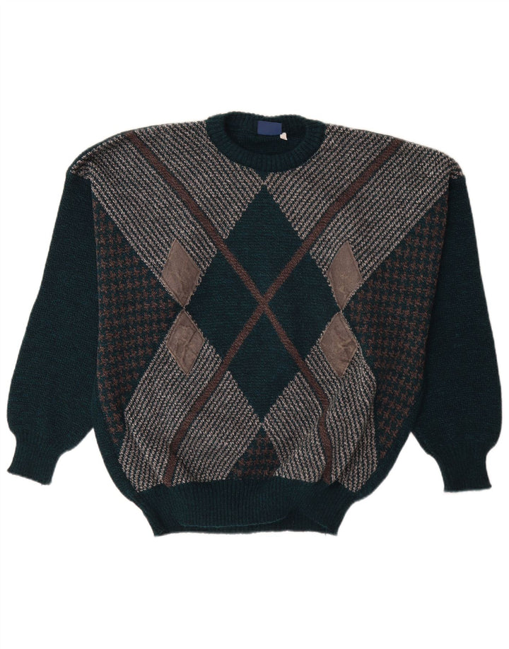 Vintage męski sweter z okrągłym dekoltem XL, zielony Argyle/diamentowa wełna