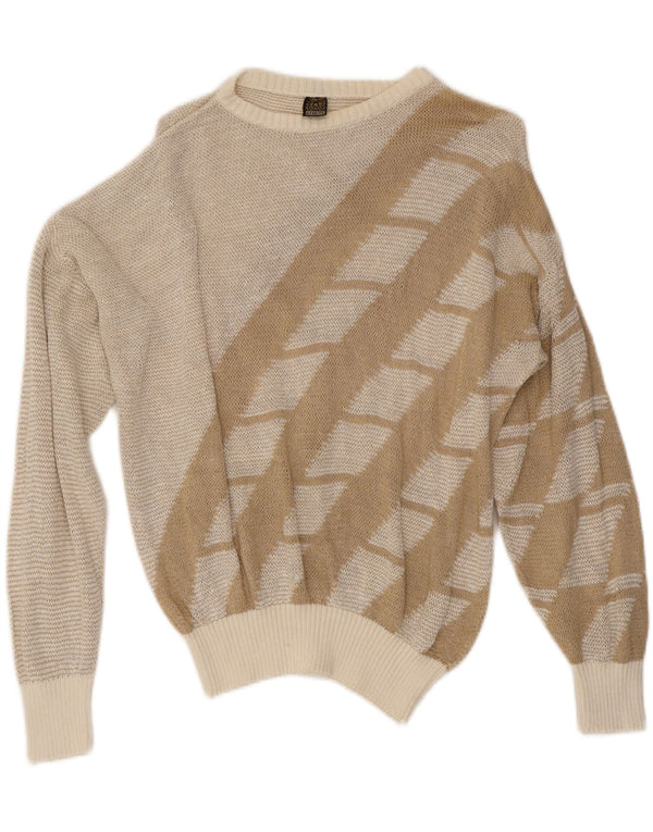 Sweter damski w stylu vintage z dekoltem w łódkę UK 16, duży, beżowy, geometryczny