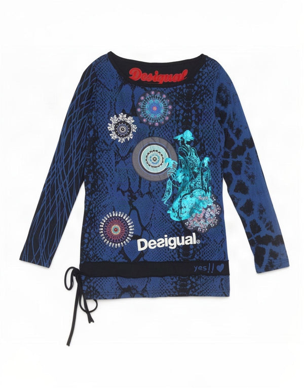 Damski graficzny top Desigual z długim rękawem UK 14, duży, niebieski, geometryczny, wiskoza