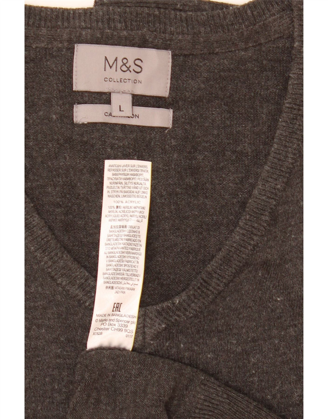 Marks & Spencer Męski sweter z dekoltem w kształcie litery V, duży, szary, akrylowy
