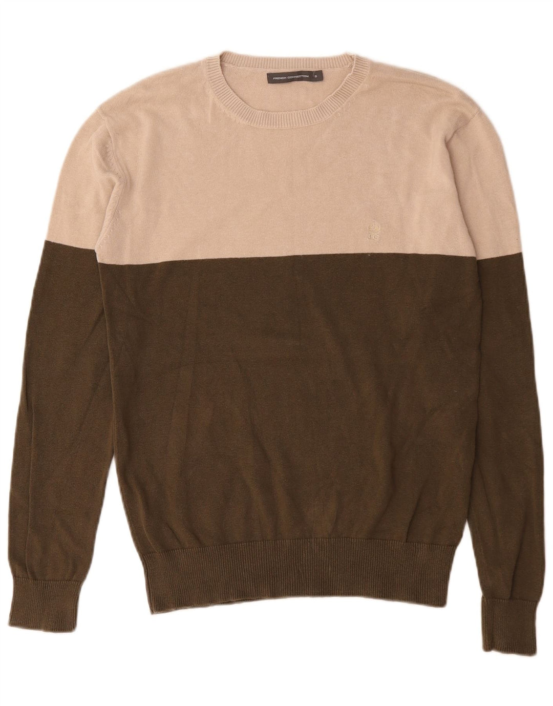 Męski sweter z okrągłym dekoltem French Connection, w małych blokach kolorów khaki