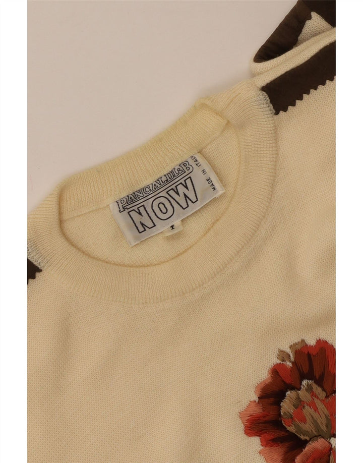 Damski sweter z okrągłym dekoltem PANCALDI & B UK 16, duży, w kolorze złamanej bieli, w kwiaty