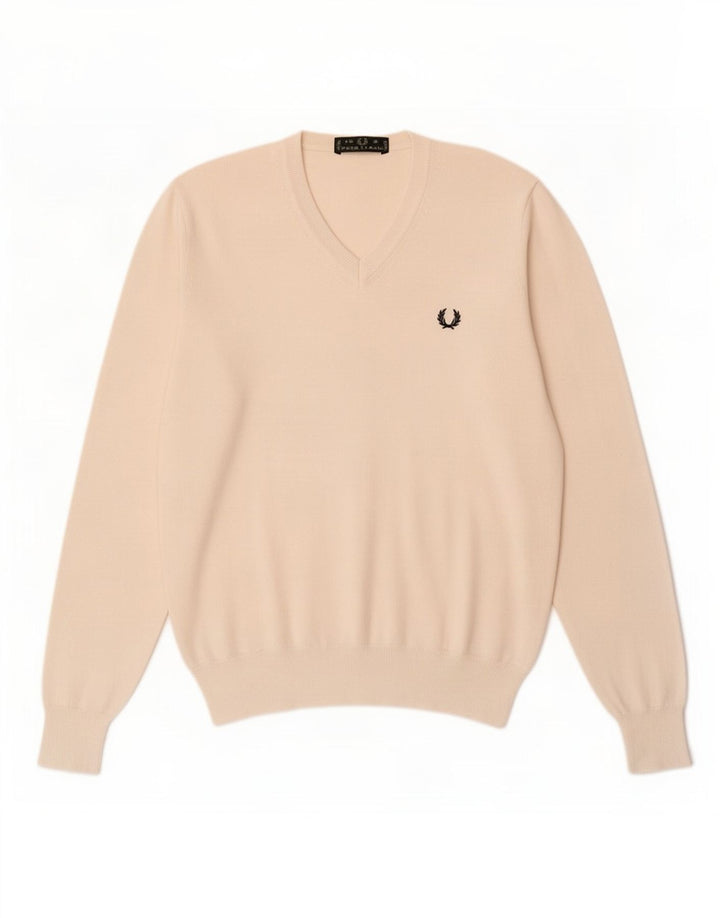 Męski sweter Fred Perry z dekoltem w kształcie litery V, mały, z białej bawełny