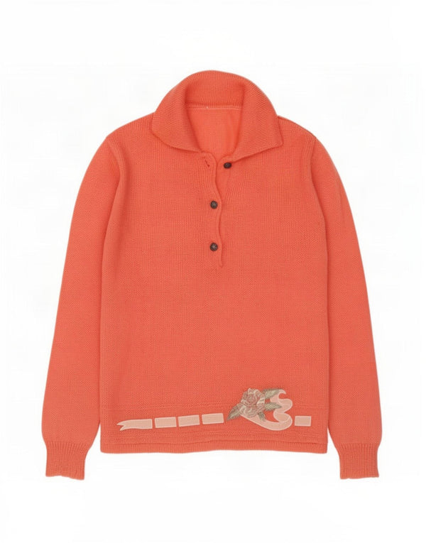 Sweter damski w stylu vintage, z dekoltem polo, UK 16, duży, różowy, kwiatowy