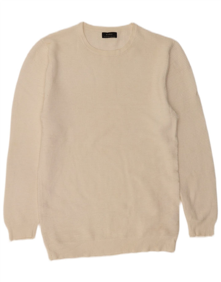 Męski sweter Zara z okrągłym dekoltem, duży, z białej bawełny