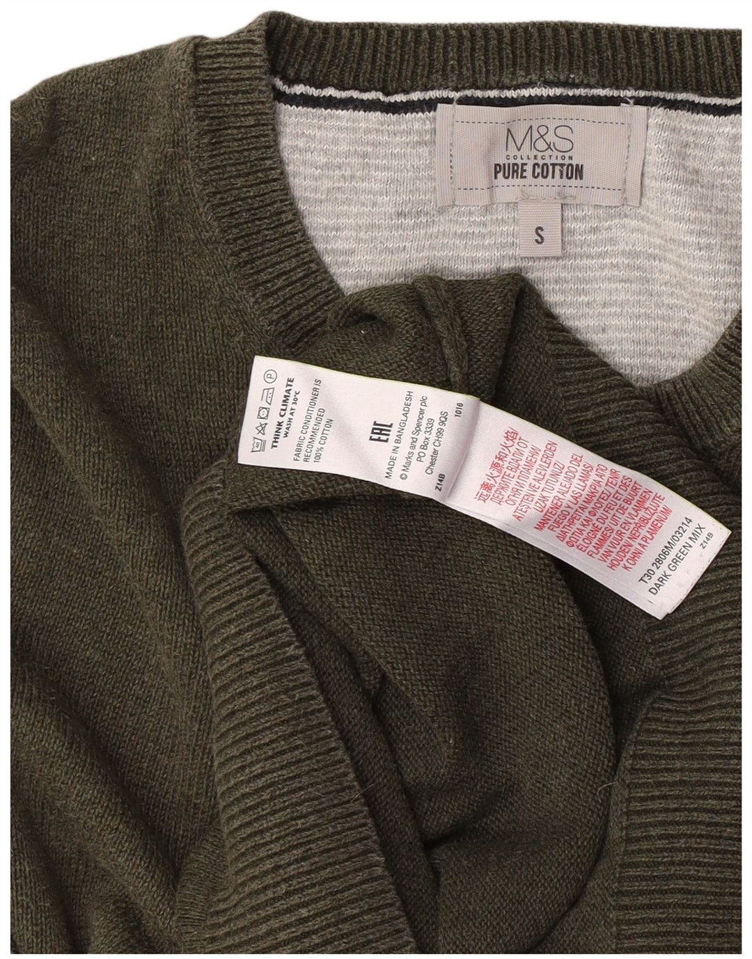 Marks & Spencer Męski sweter z okrągłym dekoltem, mały, bawełniany khaki