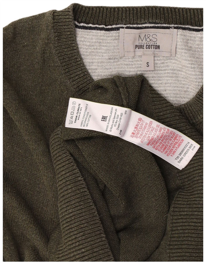 Marks & Spencer Męski sweter z okrągłym dekoltem, mały, bawełniany khaki