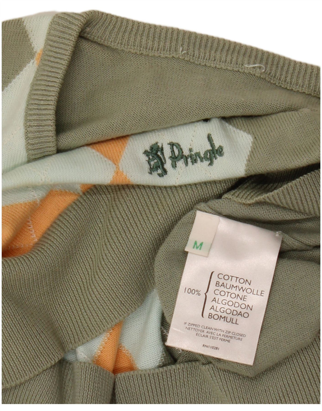 Sweter damski PRINGLE z dekoltem w kształcie litery V, UK 14, średni khaki, argyle/diament