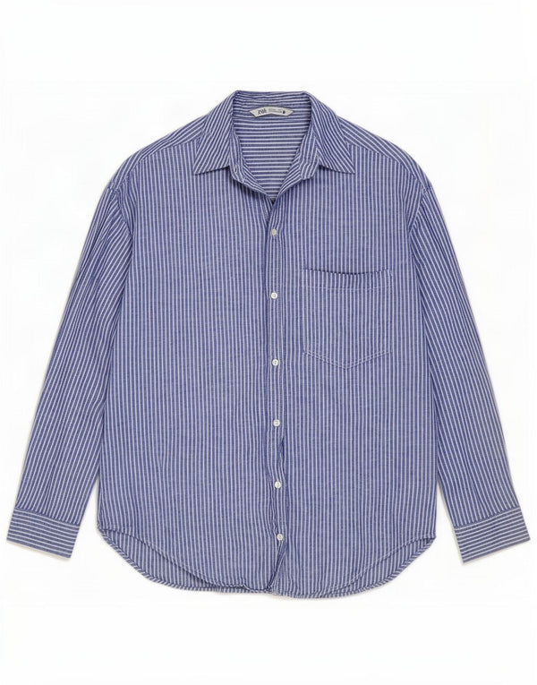 Zara Womens Oversized Shirt UK 10 Small Blue Pinstripe Linen