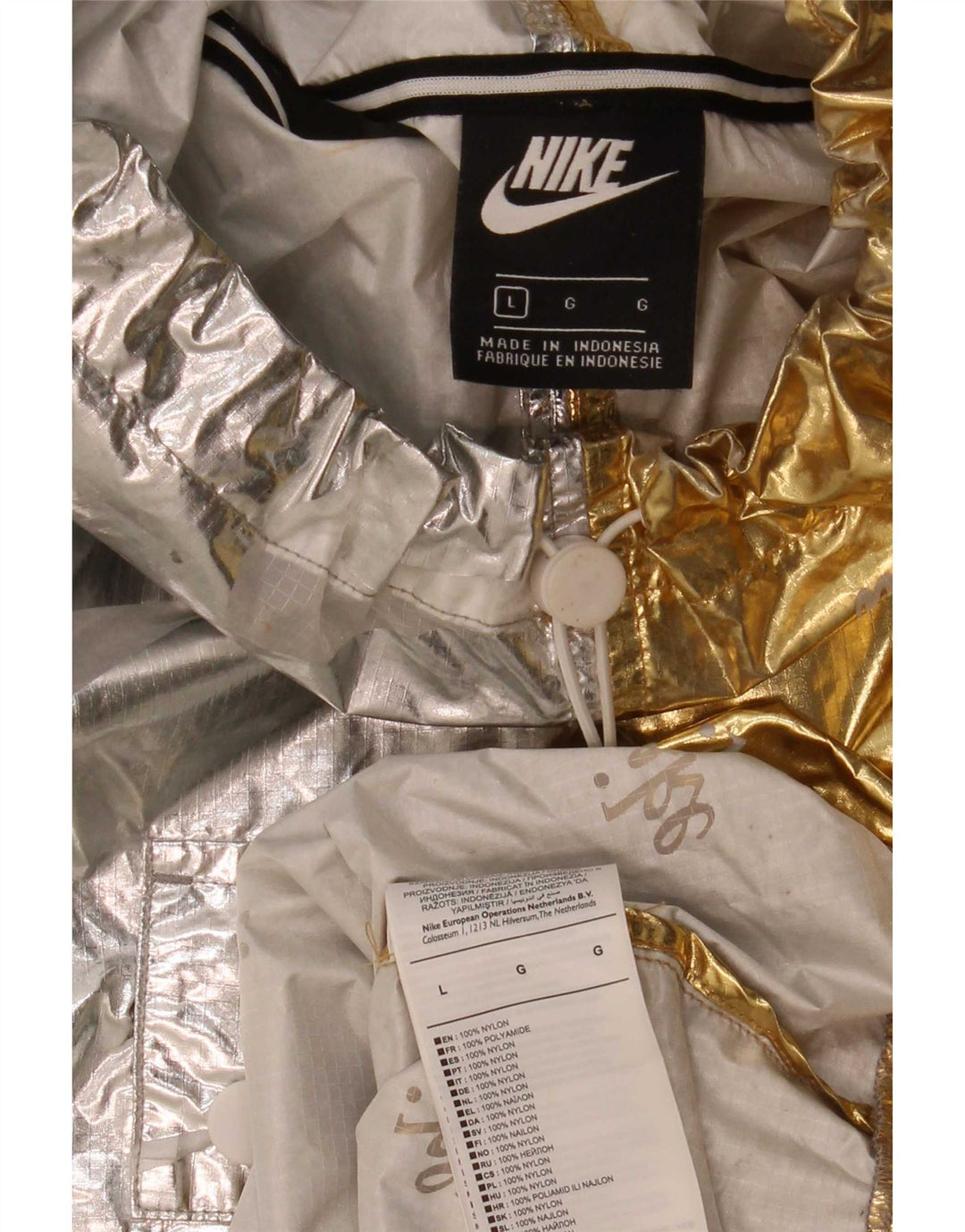 Damska kurtka Nike Graphic Oversized Anorak UK 16, duża, srebrna, z blokami kolorów