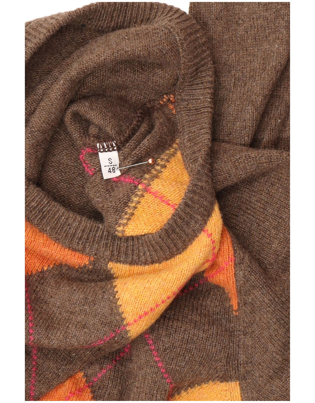 Męski sweter z okrągłym dekoltem w stylu VINTAGE IT 48 Mały brązowy Argyle/Diament