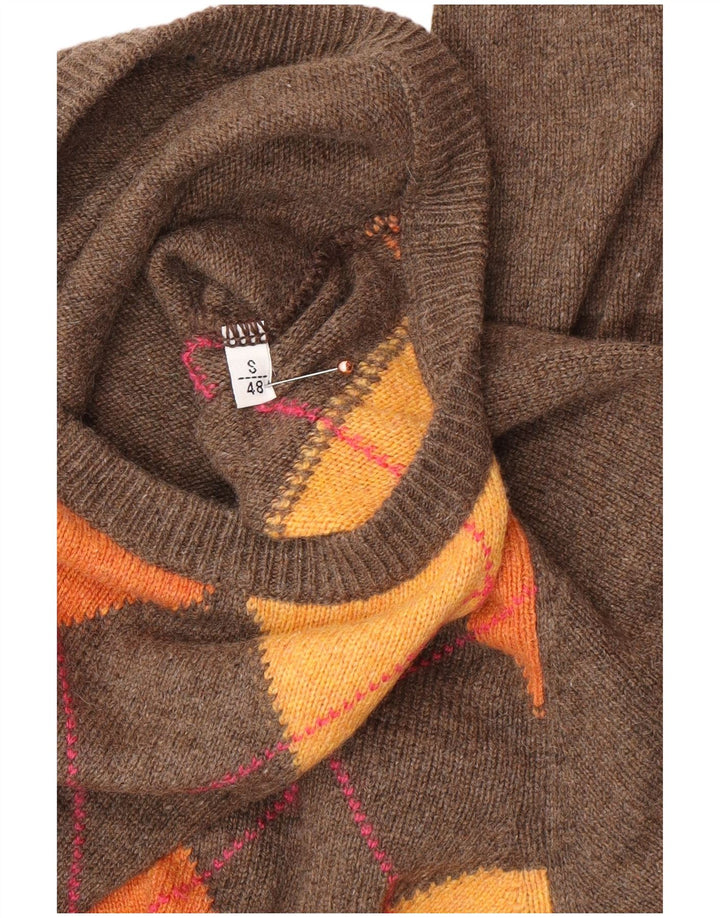 Męski sweter z okrągłym dekoltem w stylu VINTAGE IT 48 Mały brązowy Argyle/Diament