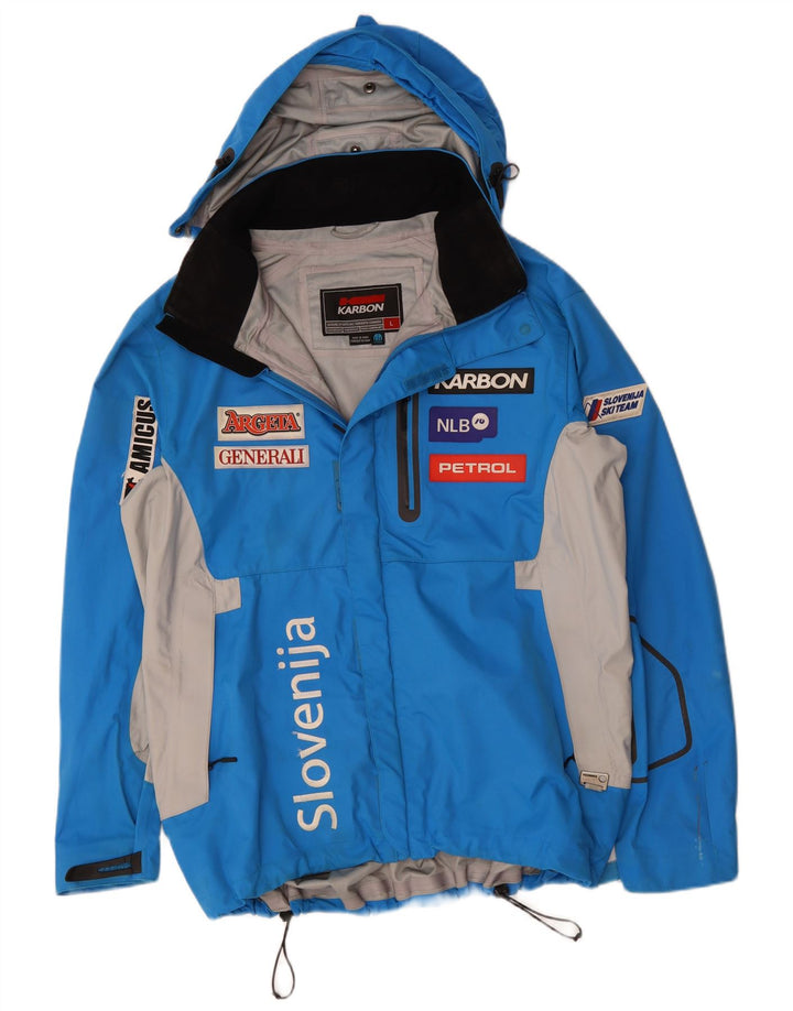 Męska kurtka przeciwdeszczowa z kapturem i grafiką KARBON UK 40, duży niebieski nylon w bloki kolorów