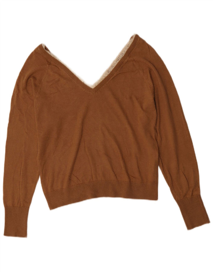 Damski sweter Zara z dekoltem w kształcie litery V, UK 12, średni brązowy Lyocell