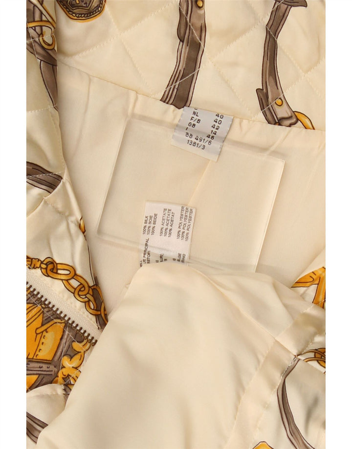 Damska pikowana kamizelka VINTAGE w abstrakcyjny wzór UK 14, duża, złamanego białego jedwabiu