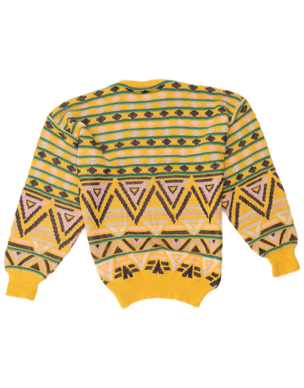 Vintage męski sweter z okrągłym dekoltem, średniożółta, geometryczna bawełna
