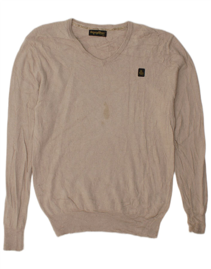 Refrigiwear Męski sweter z dekoltem w kształcie litery V, duży, beżowy jedwab