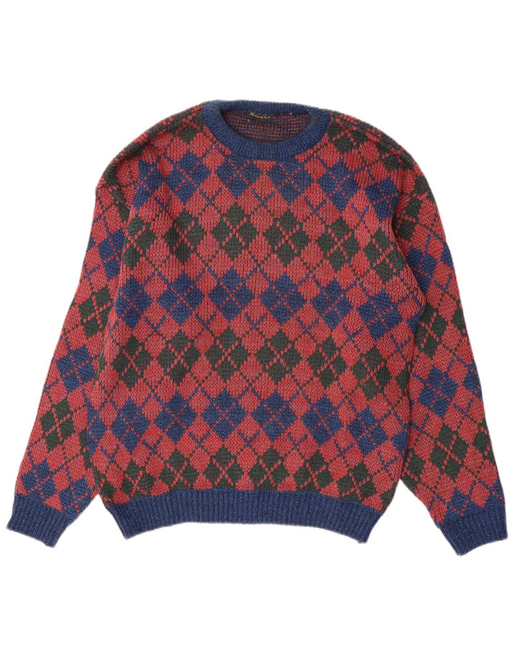 Vintage męski sweter z okrągłym dekoltem, średnio czerwony Argyle/diament