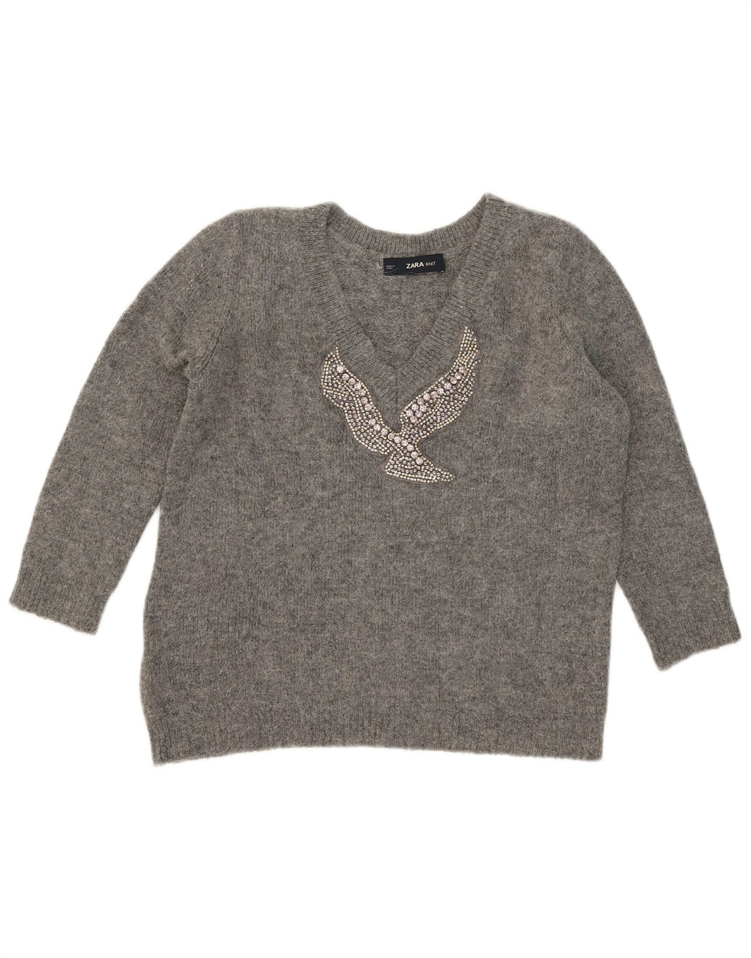 Damski sweter Zara z graficznym dekoltem w kształcie litery V, UK 10, mały szary