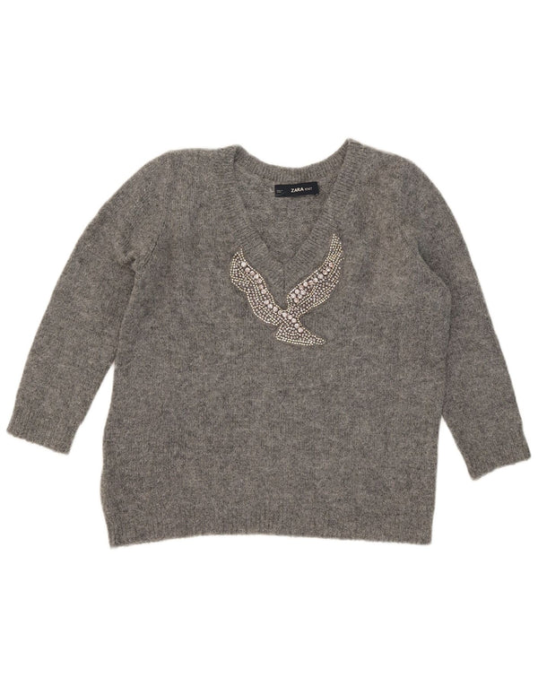Damski sweter Zara z graficznym dekoltem w kształcie litery V, UK 10, mały szary