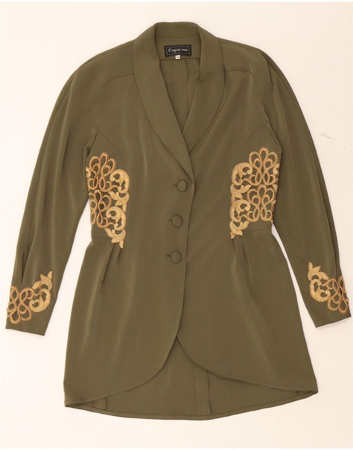 CAPUCINE Womens Longline 3 Button Blazer Jacket IT 44 Medium Khaki Paisley Vintage Capucine and Second-Hand Capucine from Messina Hembry 