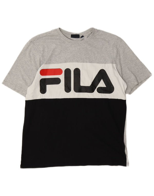 Męski T-shirt Fila z grafiką, duży, szary, bawełniany z blokami kolorów