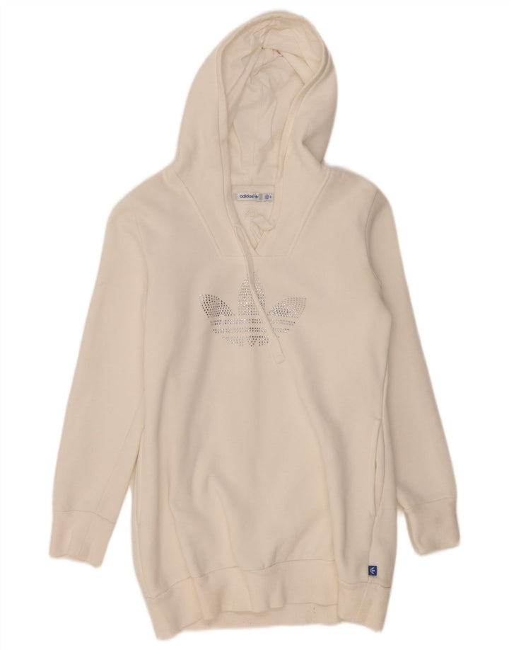 ADIDAS Womens Longline Graphic Hoodie Jumper IT 42 Medium White Polyester