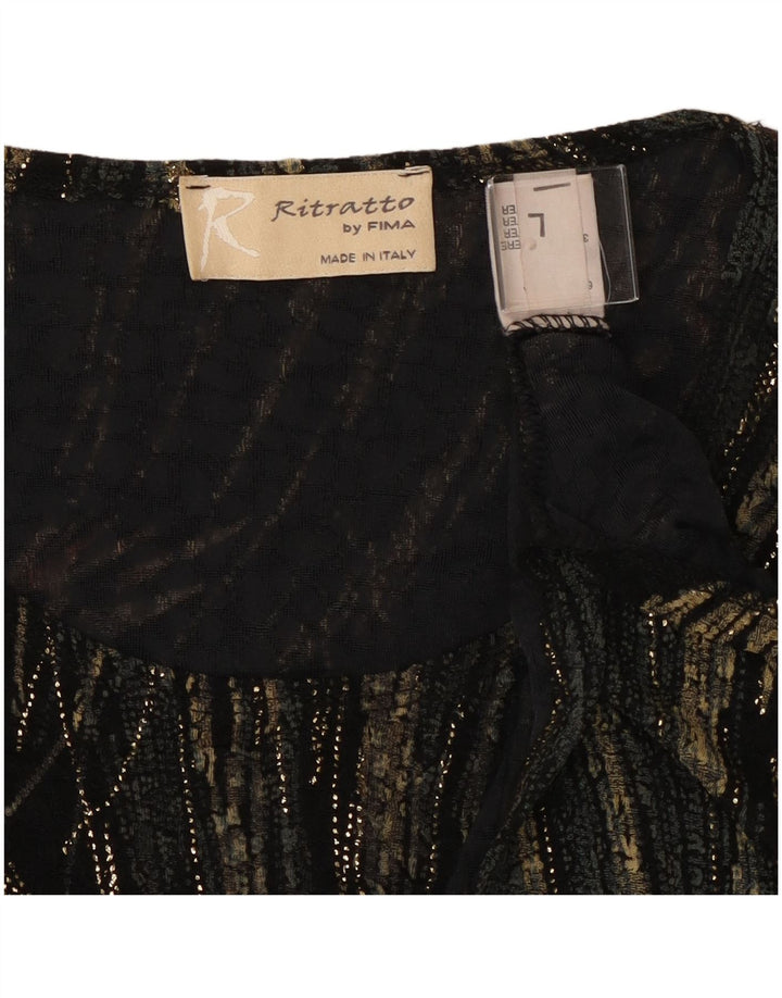 Vintage damski top w abstrakcyjny wzór z długim rękawem UK 16, duża czarna wiskoza