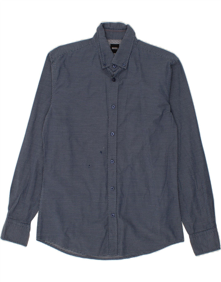 HUGO BOSS Mens Abstract Pattern Slim Fit Shirt Medium Navy Blue Cotton Vintage Hugo Boss and Second-Hand Hugo Boss from Messina Hembry 