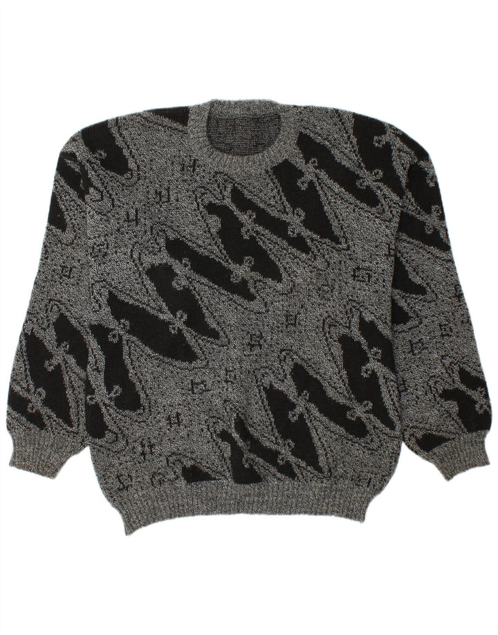 Vintage męski sweter z wycięciem pod szyją, duży, szary, geometryczny