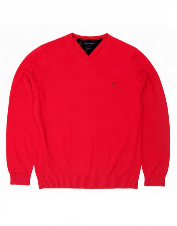 Męski sweter Tommy Hilfiger z dekoltem w kształcie litery V, duży, czerwony, bawełniany