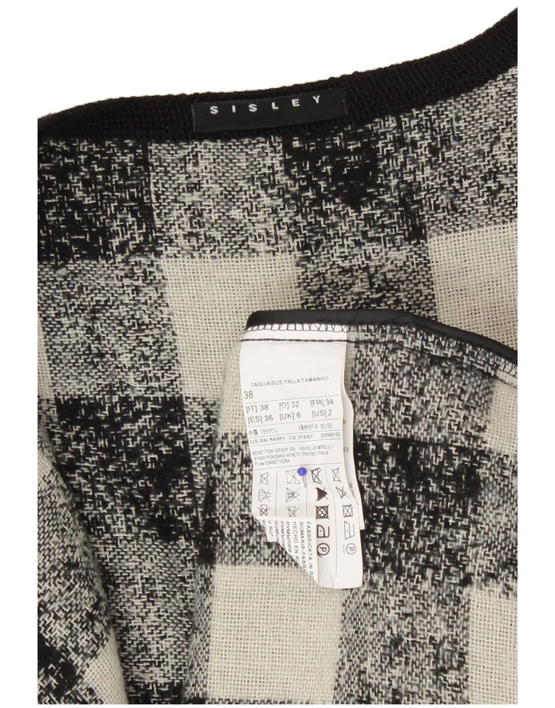 Damska marynarka oversize Sisley UK 6 XS, czarna bawełniana kratka, akryl