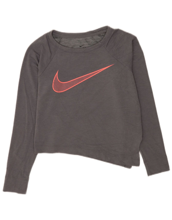 Damska koszulka Nike Crop Graphic Top z długim rękawem UK 8 Small, szara, wiskozowa, sportowa