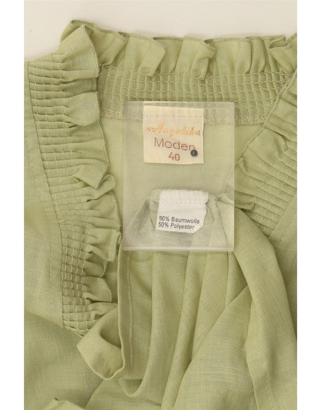 Damska bluzka w stylu vintage z rękawami 3/4 i falbaną z przodu, EU 40, średnie serce khaki