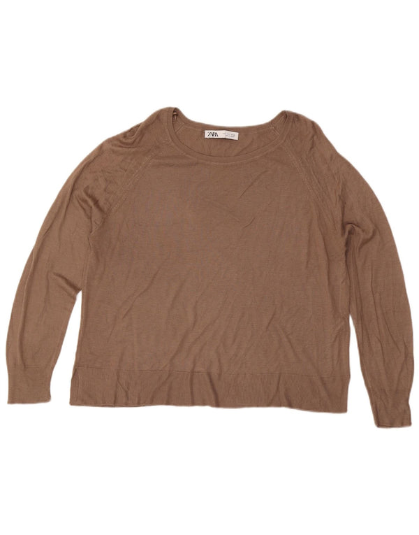 Damski sweter Zara z dekoltem w łódkę UK 16, duży, brązowy, wiskoza