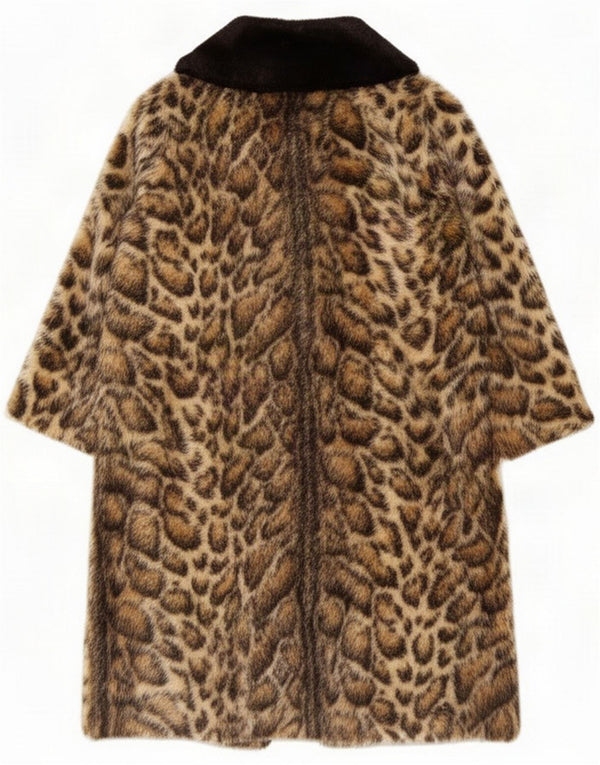 Vintage Womens 3/4 Sleeve Faux Fur Overcoat UK 14 Medium Brown Animal Print