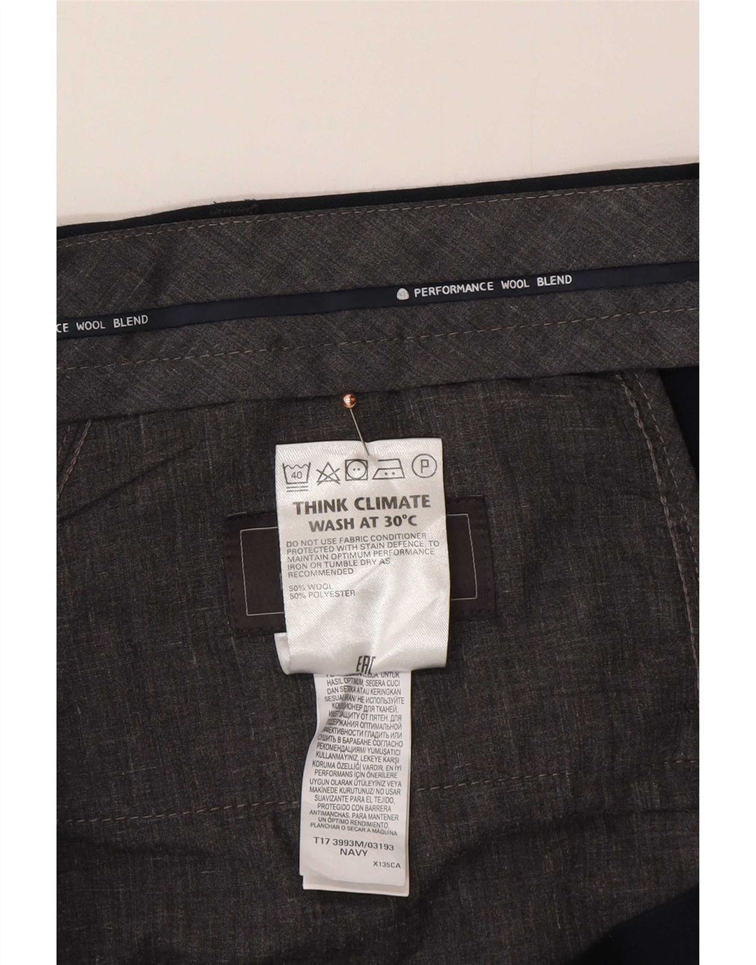 Marks & Spencer Męskie dopasowane spodnie garniturowe W44 L31 Granatowa wełna
