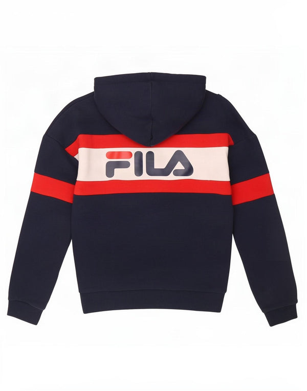 Fila Womens Graphic Oversized Hoodie Jumper UK 6 XS Navy Blue Colourblock