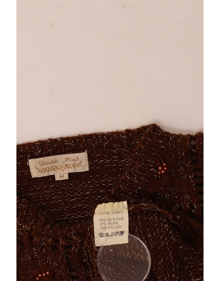 Sweter damski w stylu vintage z okrągłym dekoltem UK 14 Średni brązowy patchwork