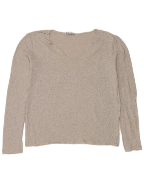 Sweter damski Zara z dekoltem w kształcie litery V, UK 16, duży, srebrny