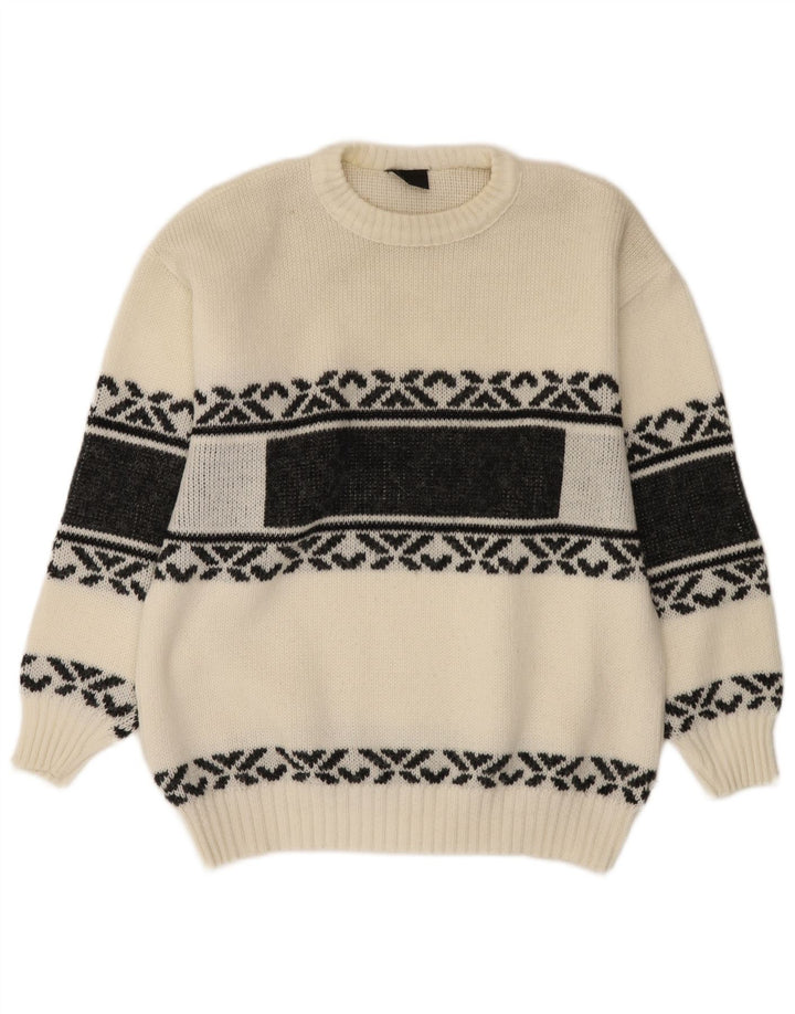 Vintage męski sweter z okrągłym dekoltem, średni biały Fair Isle