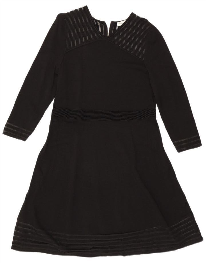 CALVIN KLEIN Damska sukienka trapezowa z długim rękawem UK 18 XL w czarne paski ze sztucznego jedwabiu