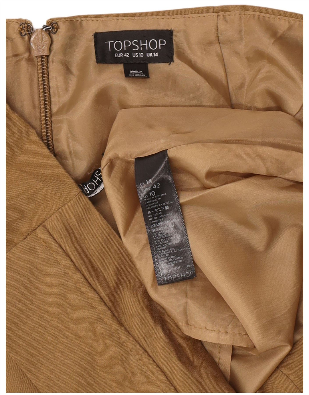 Damska spódniczka mini Topshop UK 14, duża, W32, khaki, poliester