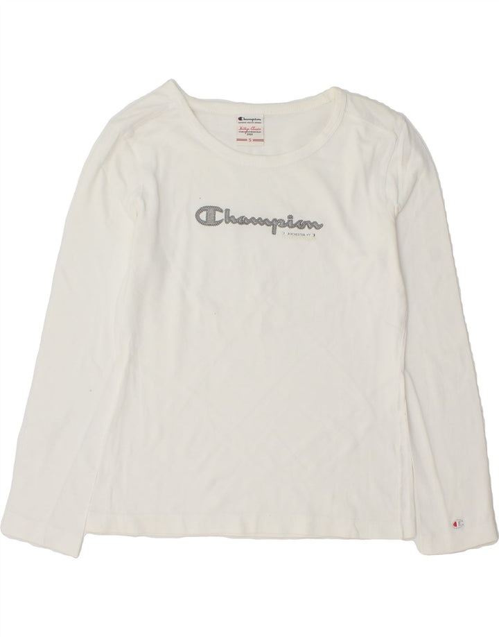 CHAMPION Womens Graphic Top Long Sleeve UK 10 Small White Vintage Champion and Second-Hand Champion from Messina Hembry 