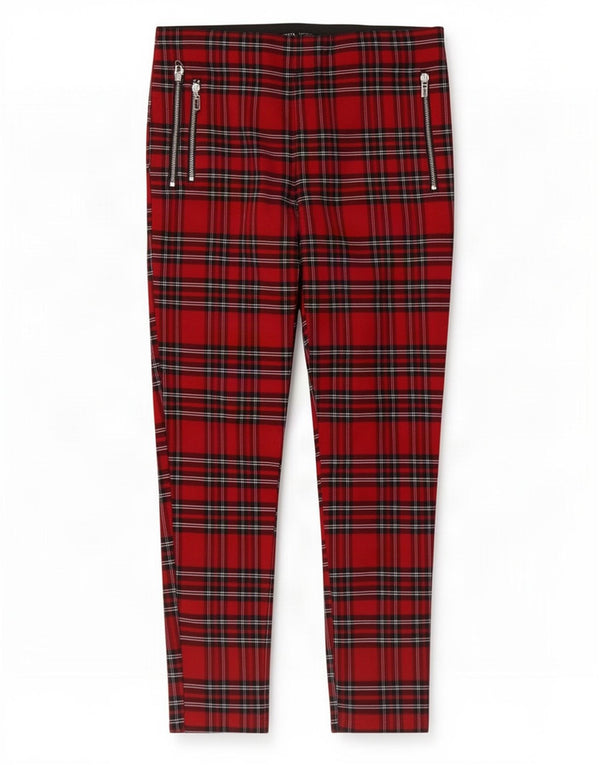 Damskie spodnie typu skinny casual Zara XL W32 L27 w czerwoną kratę, wiskoza