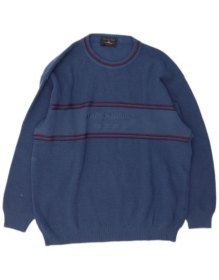 Męski sweter z okrągłym dekoltem w stylu vintage, XL, niebieska wełna